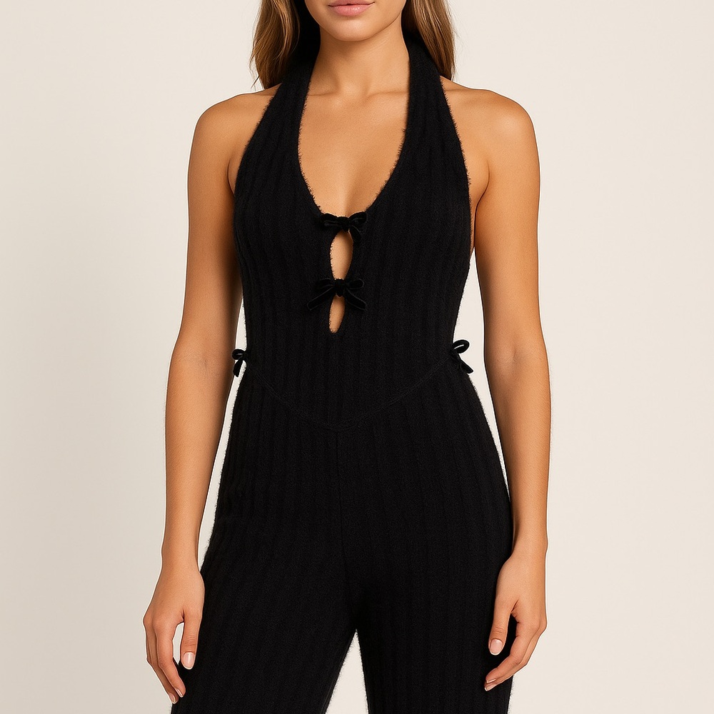 Black Halter Jumpsuit with Cutout bow Details